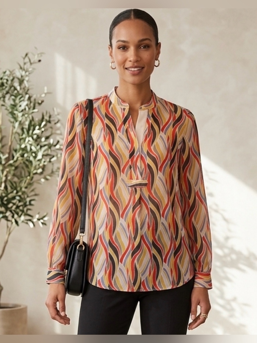 Anne Klein Multicolor Wave-Print Long-Sleeve Blouse